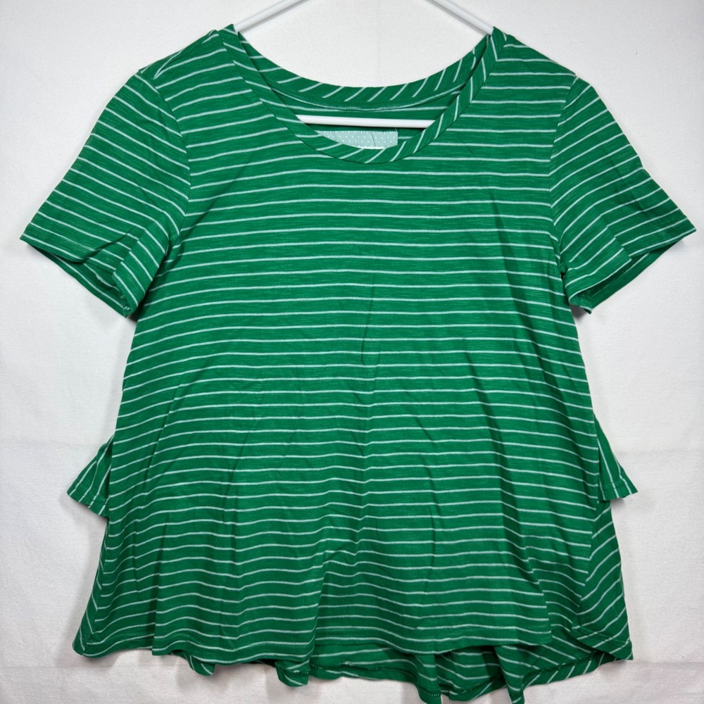 Anthropologie Green Striped Tiered Hem Top Short Sleeve Blouse Women's Sz Small